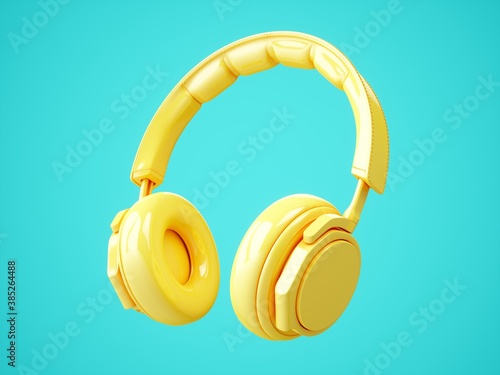 3D Rendering Yellow headphones isolated on blue background photo