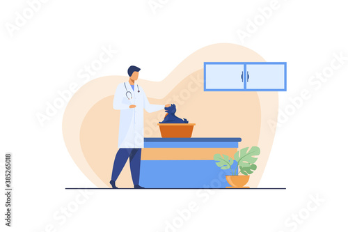 Veterinarian examining small dog sitting on table. Clinic, doctor, animals. Flat vector illustration. Animal care concept can be used for presentations, banner, website design, landing web page