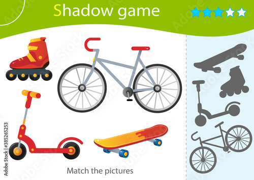 Shadow Game for kids. Match the right shadow. Color image of Bicycle, scooter, skateboard and roller skates. Summer outdoor games and active recreation. Worksheet vector design for children