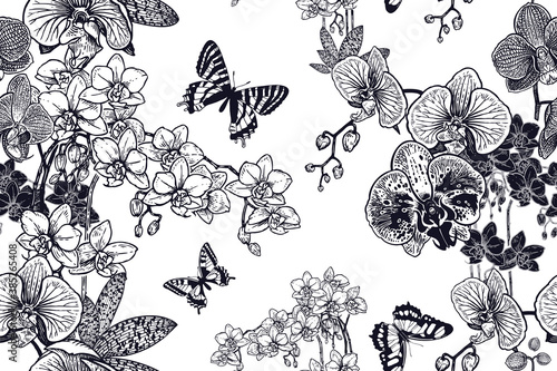 Floral seamless background with orchids and butterflies. Black and white. Vector.