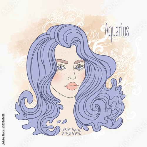 Zodiac Illustration of Aquarius zodiac sign as a beautiful girl. Vector art. B Vintage boho style zodiac fashion illustration in pastel shades. Design for zodiac coloring book page.