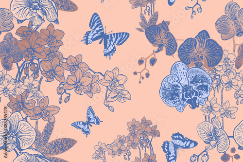 Floral seamless background with tropical orchids and butterflies. Vector.