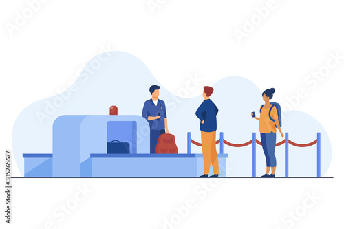 Airport worker checking passenger belongings through scanner. Boarding, control. Flat vector illustration. Travelling concept can be used for presentations, banner, website design, landing web page