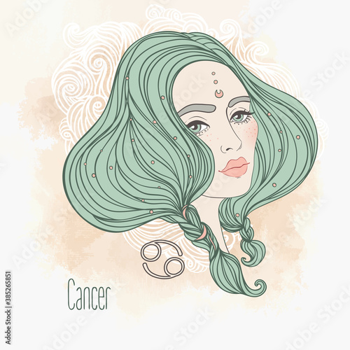 Zodiac Illustration of cancer zodiac sign as a beautiful girl. Vector art. Vintage zodiac boho style fashion illustration in pastel shades. Coloring book.