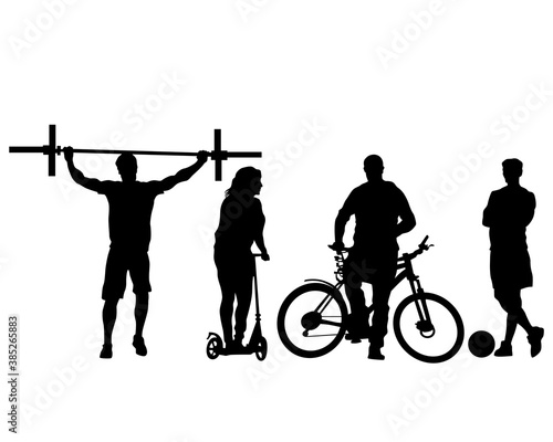Young athletes go in for sports on the street. Isolated silhouettes on white background