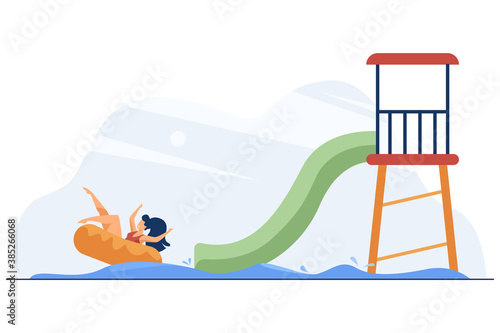 Woman going to attractions in water park. Entertainment, fun, rest. Flat vector illustration. Leisure concept can be used for presentations, banner, website design, landing web page.