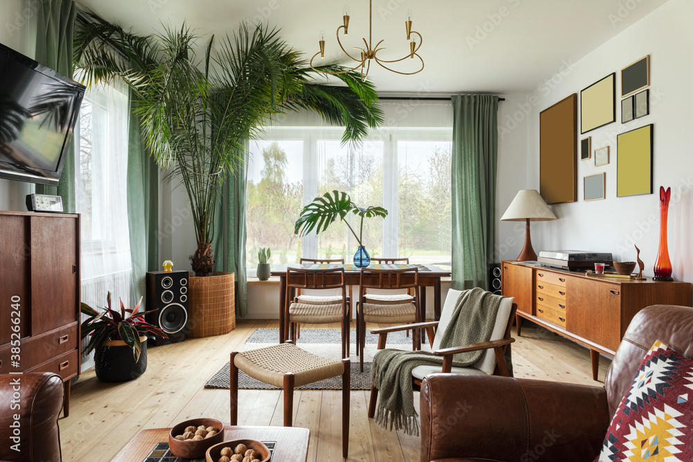Modern scandinavian home interior of living room with design retro ...
