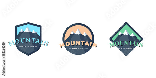 Mountain Adventure shield logo badge for extreme tourism and sport hiking. Outdoor nature rock camping square and circle label set vector eps illustration