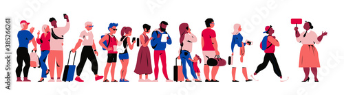 Tourists and passengers people characters (teens, couples, family) with bags and backpacks walking, taking a tour, trip, making pics and selfie,  isolated on white background. Vector flat illustration