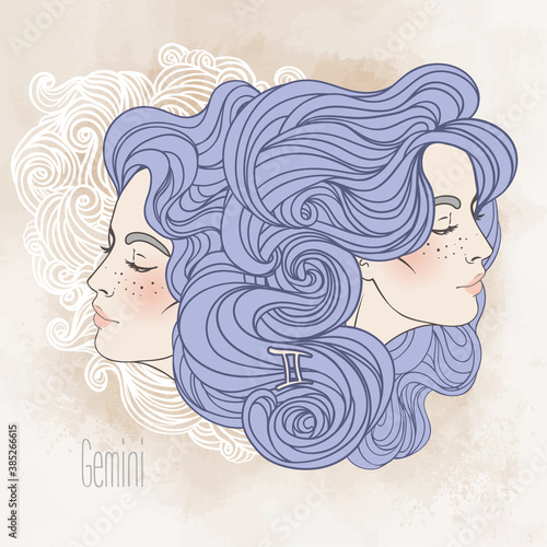 Zodiac sign Illustration of Gemini as a beautiful girl. Vector. Vintage boho style fashion illustration in pastel shades. Colorig book.