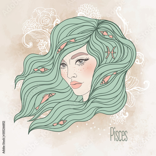 Zodiac Illustration of Pisces zodiac sign as a beautiful girl. Vector zodiac. Vintage boho style fashion illustration in pastel shades. Design for zodiac coloring book page for adults and kids.