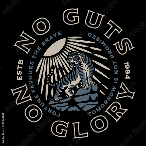 Tiger On Rocks Illustration Artwork with Slogans for Apparel or Other Uses