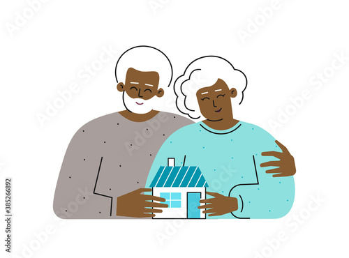 Vector flat isolated concept. Cartoon characters of elderly mortgagor. Senior african american owners hold little home. Old man hugs his wife. Pensioners smiles after bank approved loan to buy home