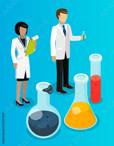 Isometric image of chemists with laboratory equipment.Petroleum refining. Chemical experiments. Vessels and flasks with liquids. Oil products. Chemical laboratory. Oil industry. Flat vector image