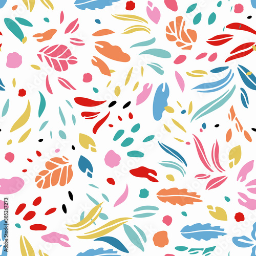 Modern abstract leaf shape summer pattern. Vector, colorful hand drawn, floral design. Simple stylized leaf cut out on cream colored background. Happy, fun all over pattern. Perfect for stationery