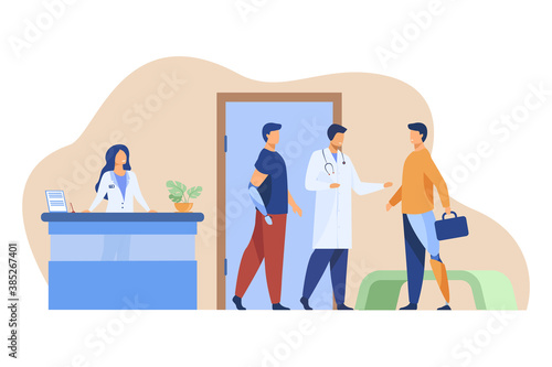 Doctor examining patients with artificial limbs. Mechanical leg and arm. Flat vector illustration. Robotic concept can be used for presentations, banner, website design, landing web page