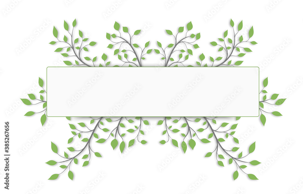 Text frame surrounded by tree branches with green leaves on a white background