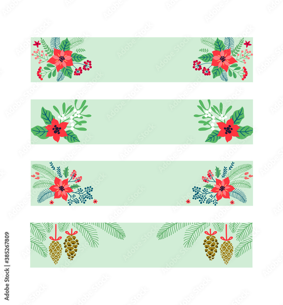 Christmas banners set. Creative cards with winter plants on a light blue background. Festive header design for Merry Christmas and happy new year.
