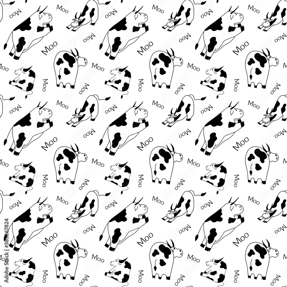 Vector seamless pattern with cow or bull, symbol of 2021 year. Wrapping paper or textile concept, isolated on white background Vector seamless pattern with cow or bull, symbol of 2021 year. Wrapping paper or textile concept, isolated on white background