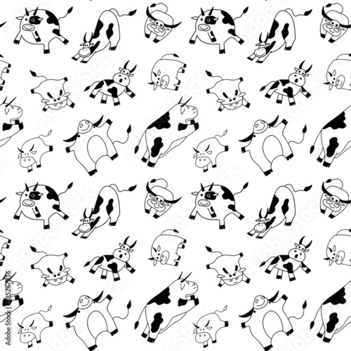 Vector seamless pattern with cow or bull, symbol of 2021 year. Wrapping paper or textile concept, isolated on white background