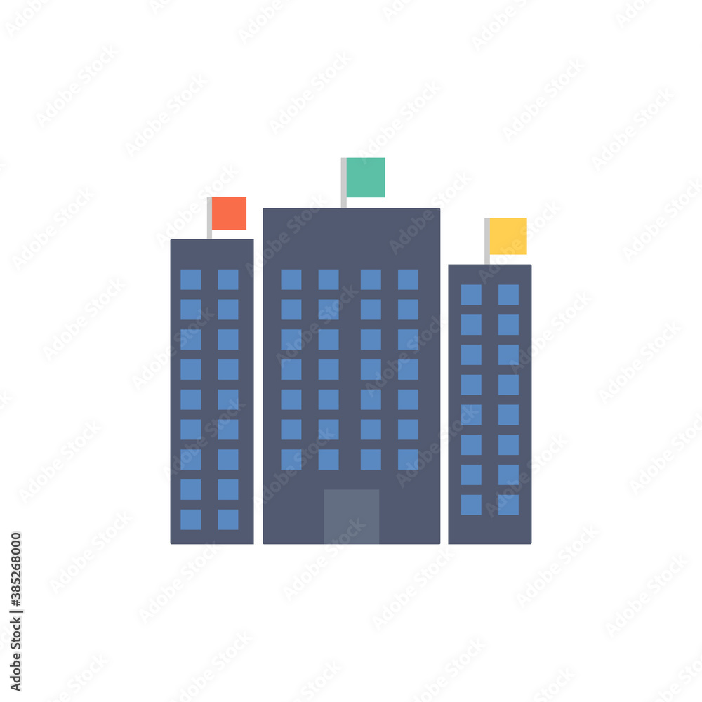 Multistory building colored icon on a white background with flags. Business icon. At home. Company office. Vector EPS10