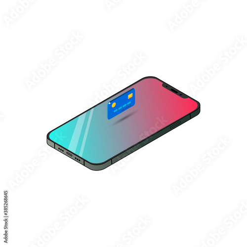 Icon illustration of a smartphone with a credit card in isometric illustration isolated on white background. Vector EPS10