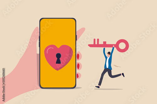 Dating apps, online dating using internet and social media to find romantic relationship concept, young adult millennial boy holding lovely key running to smart phone app with heart shape and keyhole.