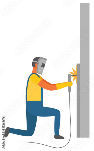Man working on welding vector, isolated character. Welder wearing protective mask and gloves, male worker repairing wall connecting items together