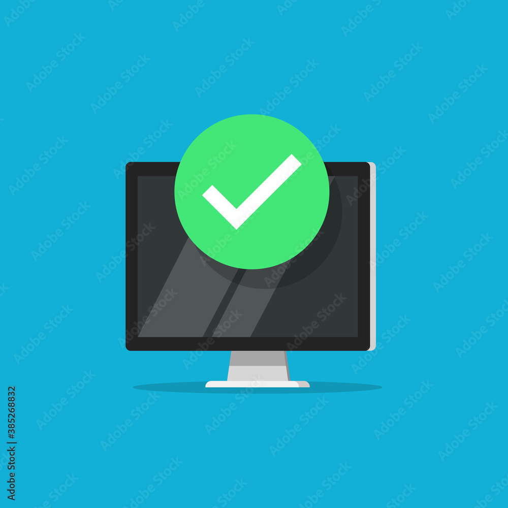 Check mark with task completion on the monitor on a blue background. Vector EPS10 Check mark with task completion on the monitor on a blue background. Vector EPS10