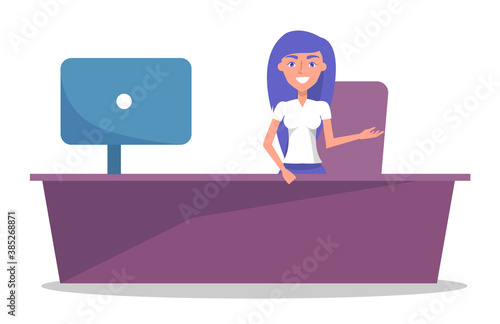Young friendly girl with long hair in white t-shirt works at reception. Monoblock, personal computer, purple desktop, chair. The girl invites or offers consultation to client. Auto Service Center