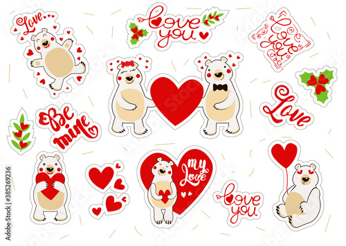 Valentine's Day banners and stickers set. Cute labels, tags, posters design. Vector illustration. Circle, rectangular composition. Cartoon hearts polar bear