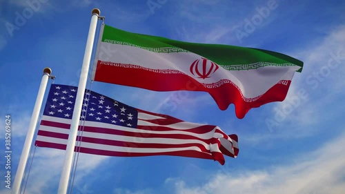 Iranian and United States American flags showing government aggression and disagreement. Diplomatic relationship between countries has political confrontation and policy.