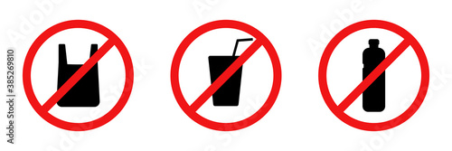 No plastic sign. Prohibited icon on white background. Red circle symbol with plastic bag and bottle inside. Illustration of pollution. Stop packet use. Isolated warning poster. Vector EPS 10.
