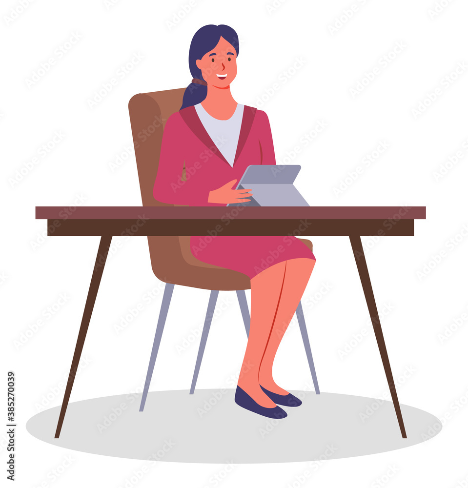 Brunette woman in red formal suit sitting at table with tablet. Desktop, laptop, chair. Office interior. Employees, colleagues or office staff. Communicate and work. Flat vector image on white Brunette woman in red formal suit sitting at table with tablet. Desktop, laptop, chair. Office interior. Employees, colleagues or office staff. Communicate and work. Flat vector image on white