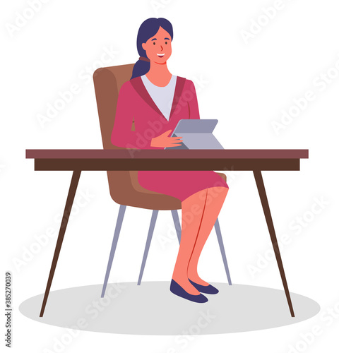 Brunette woman in red formal suit sitting at table with tablet. Desktop, laptop, chair. Office interior. Employees, colleagues or office staff. Communicate and work. Flat vector image on white