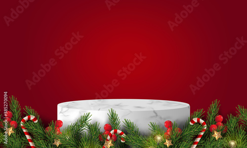 Merry Christmas and happy new year. Vector illustration of white marble podium and Christmas background. Showcase for new product, promotion sale, discount, cosmetic, ranking