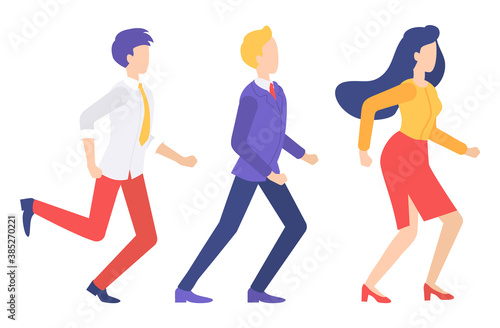 Human characters in casual clothes are running. Man in red trousers, shoes, white shirt, businessman wears strict blue suit, woman wears red tight skirt and yellow blouse. Hurry up. Flat image