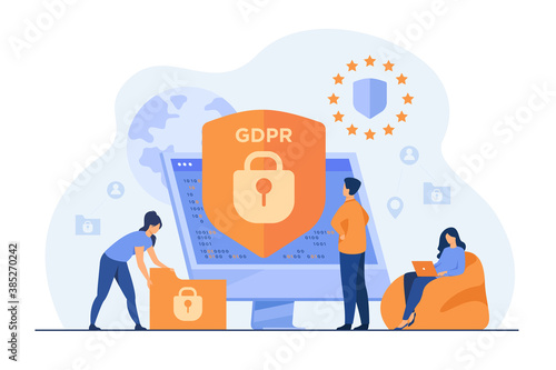 Tiny people protecting business data and legal information isolated flat vector illustration. General privacy regulation for protection of personal data. GDPR and privacy politics concept