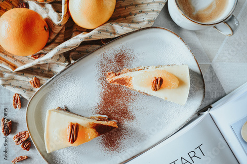 Piece of vegan cake with orange 