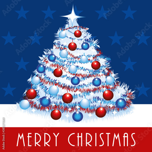 Merry christmas greeting card with decorated tree. Vector illustration with american flag colors.