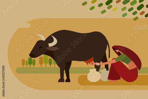 Illustration of a village woman milking a cow in the outdoor