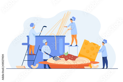 Tiny cooks making spaghetti for dinner isolated flat vector illustration. Cartoon characters boiling water for traditional pasta on restaurant kitchen. Italian cuisine and food concept
