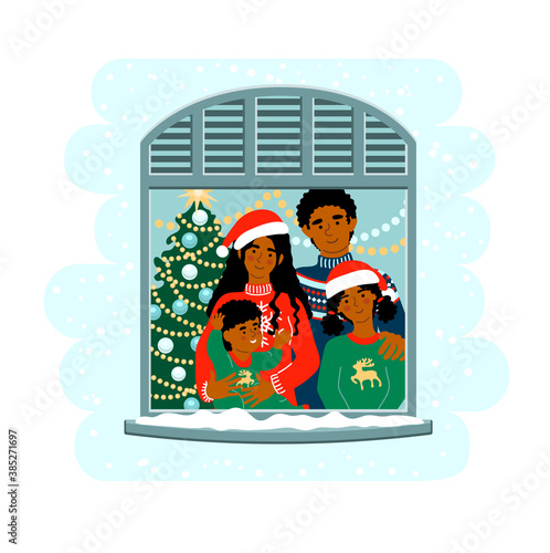 African american family at Christmas staying by the window together at home. Parents with kids. Cute vector illustration drawing in flat style.