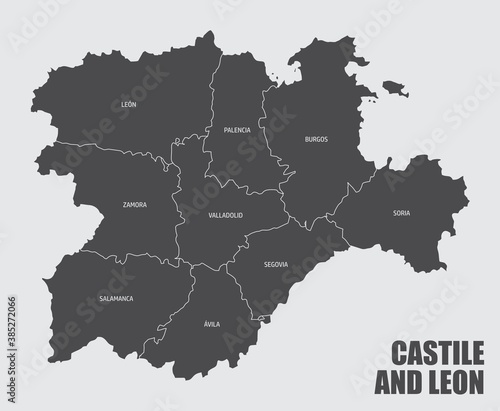 The Castile and Leon region map divided in provinces with labels, Spain