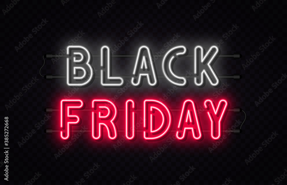 Black Friday sale. Black Friday neon sign on transparent background. Glowing white and red neon text for advertising and promotion. Banner and background, brochure and flyer design concept Black Friday sale. Black Friday neon sign on transparent background. Glowing white and red neon text for advertising and promotion. Banner and background, brochure and flyer design concept