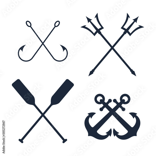 Maritime symbols graphic set. Crossed signs of nautical topic isolated on white background. Vector illustration