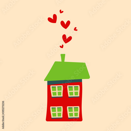 vector home and red heart green valentiners day