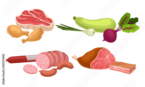 Variety of Food from Supermarket with Wurst and Vegetables Vector Set