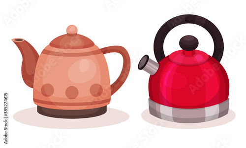 Kettle as Pot for Boiling Water with Lid, Spout and Handle Vector Set