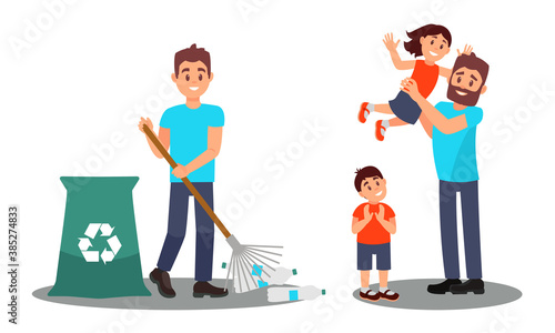 Young Man Gathering Plastic Bottles and Nursing Kids Vector Illustration Set